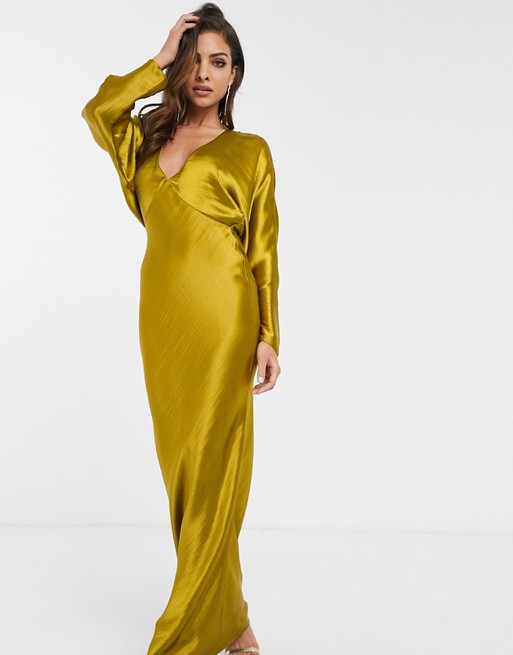 Maxi Dress Batwing Sleeve Bias Cut Olive Retro Dress Long