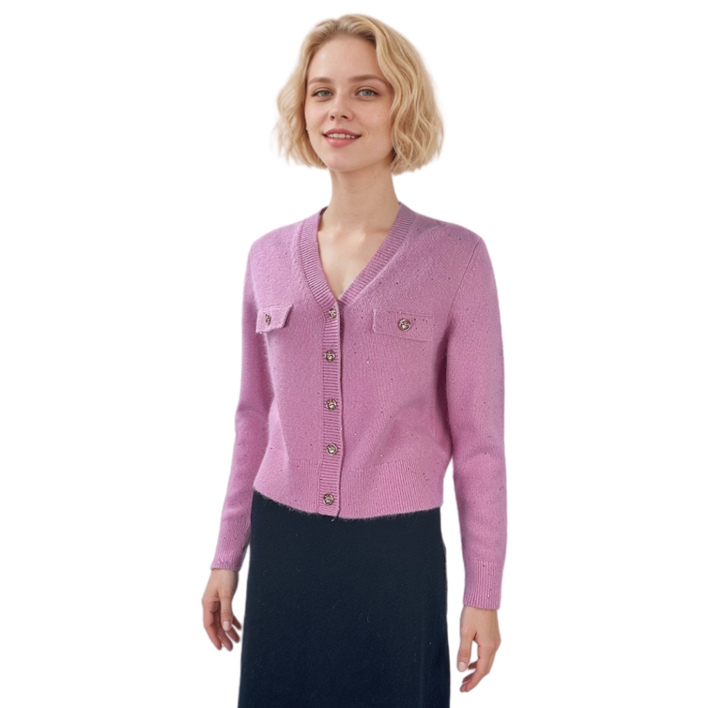 Luxury Women's Winter V-Neck Cardigan Sweater Custom Knit Top with Button Decoration