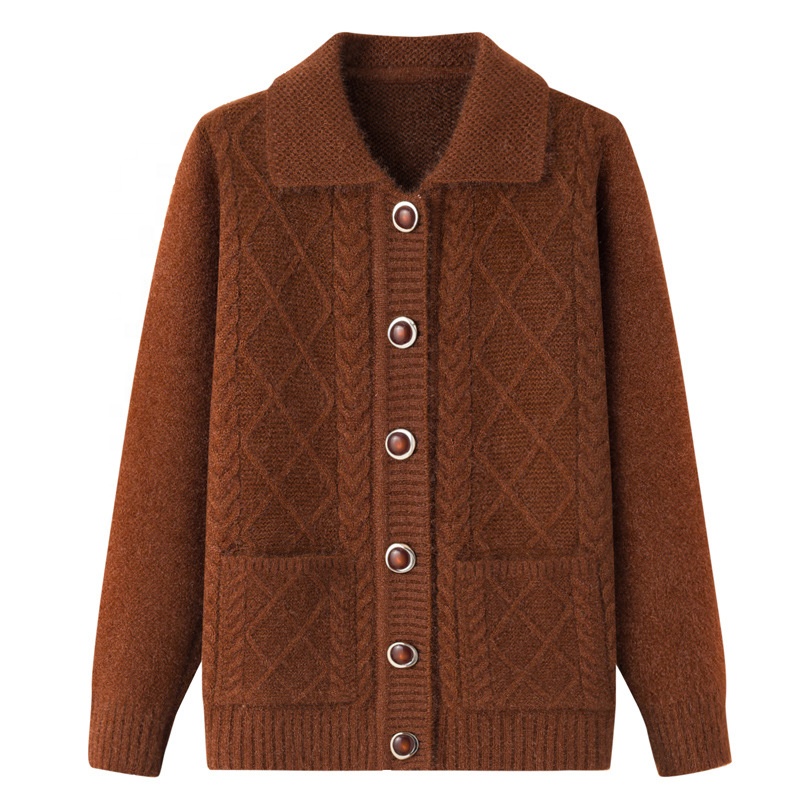 High Quality Cable Knit Autumn and Winter Leisure Long Sleeved Old Lady Custom Cardigan Woman Sweater Women