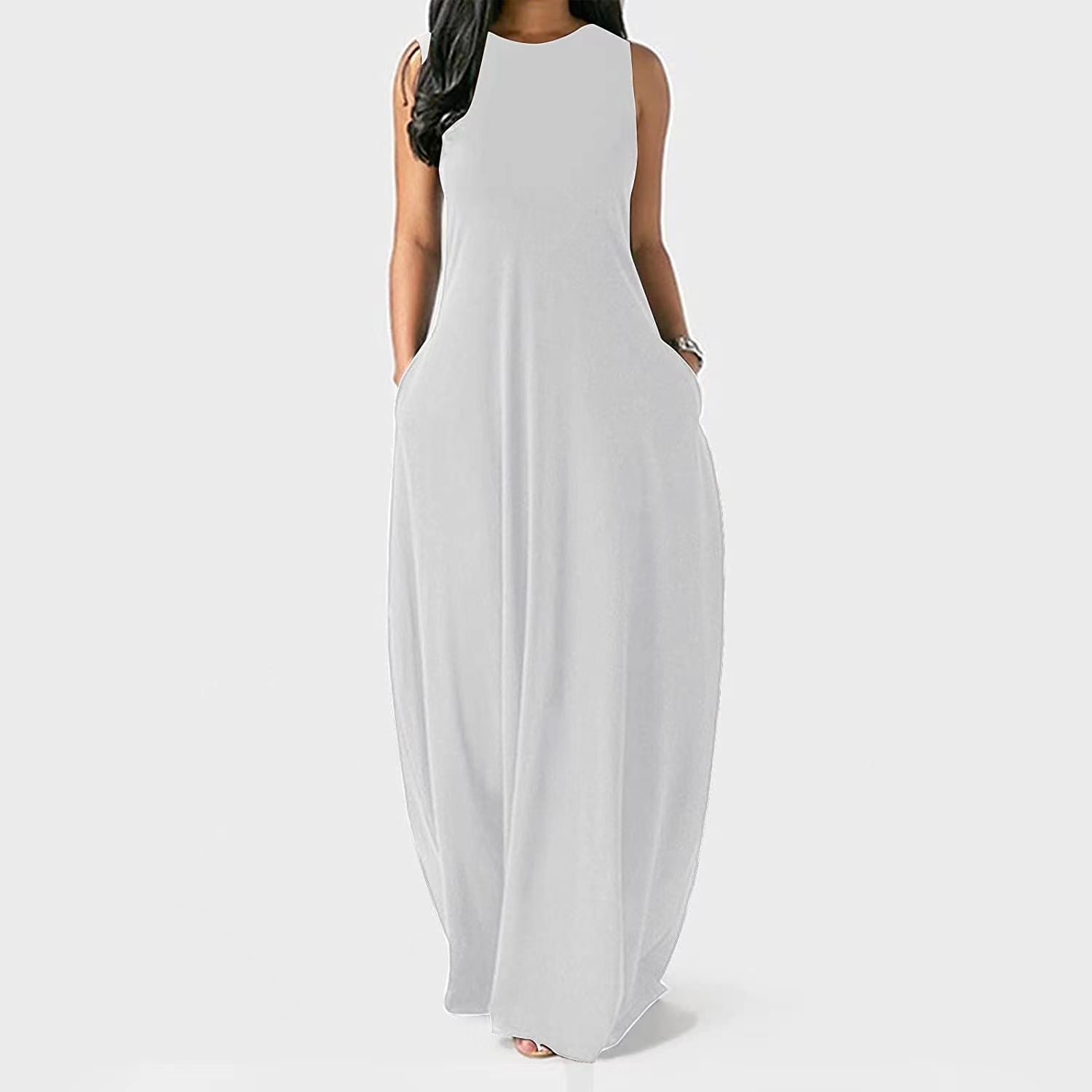 Loose Sleeveless Vest Solid Color O Neck Maxi Long Casual Dresses Women
