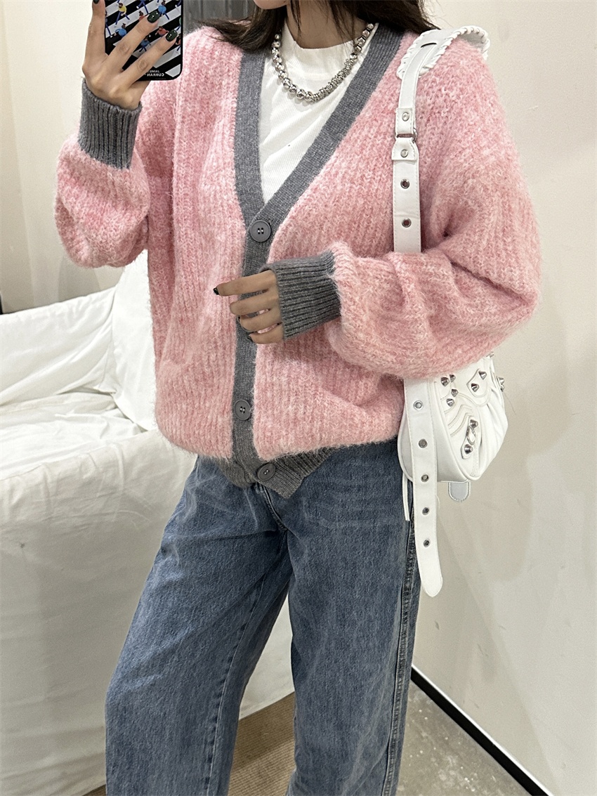 Women's Casual Wool Button Thick Knitted Cardigan Sweater V-Neck Autumn Solid Color Breathable Korean Version Coat Small Pocket