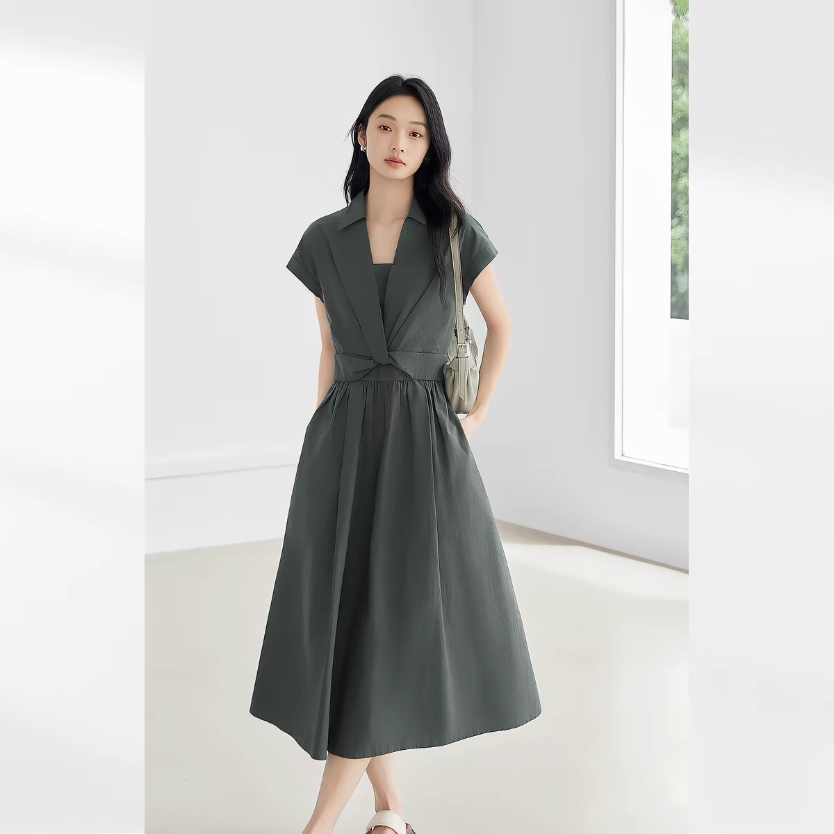 Ladies 100% Cotton Maxi Dress White Long Sleeve Pencil Waist Shirt Dress Casual ODM Summer Style Breathable and Solid Pattern