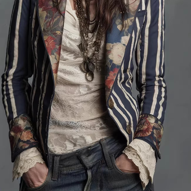 Fashionable European Women's Blazer in Vibrant Striped Design