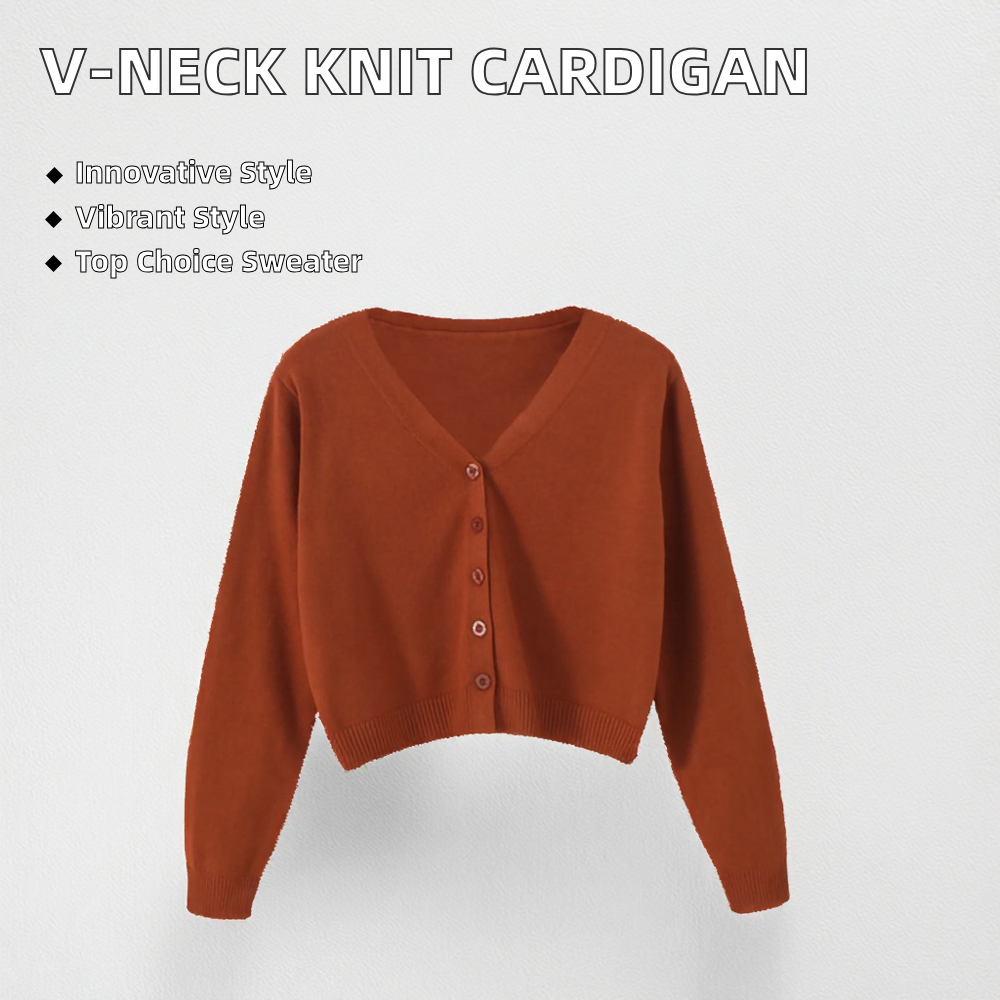 Women's Casual High Waist Long Sleeve Knitted Cardigan Autumn V-Neck Outer Wear with Front Logo Button Short Length Design