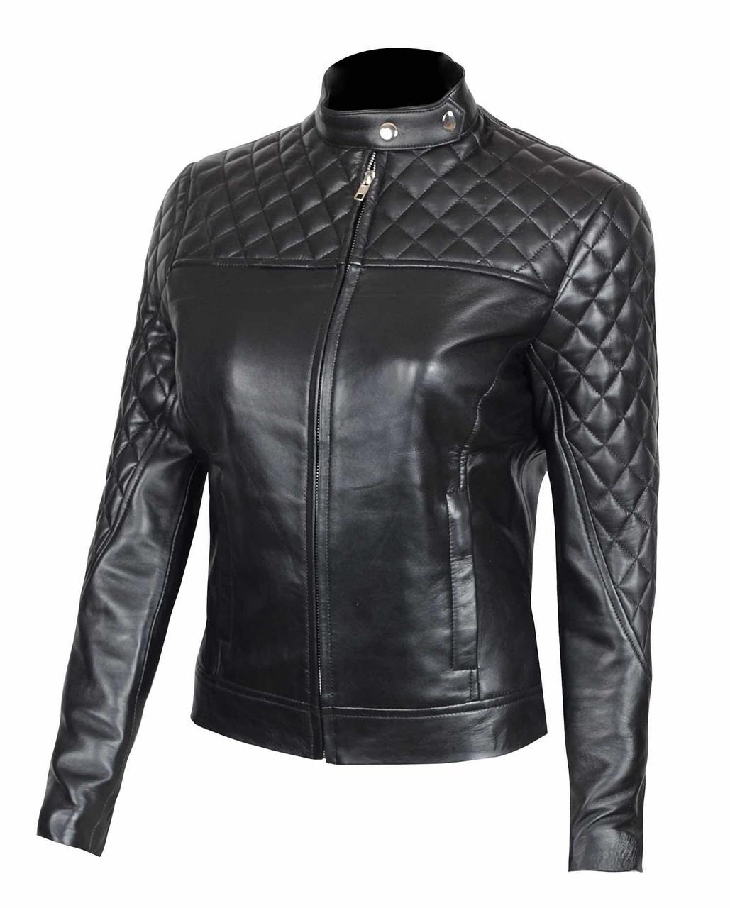 Genuine Sheep Skin Leather Women's Winter Motorcycle Jacket High Quality Custom Design Cotton Lining Embroidery Stripe