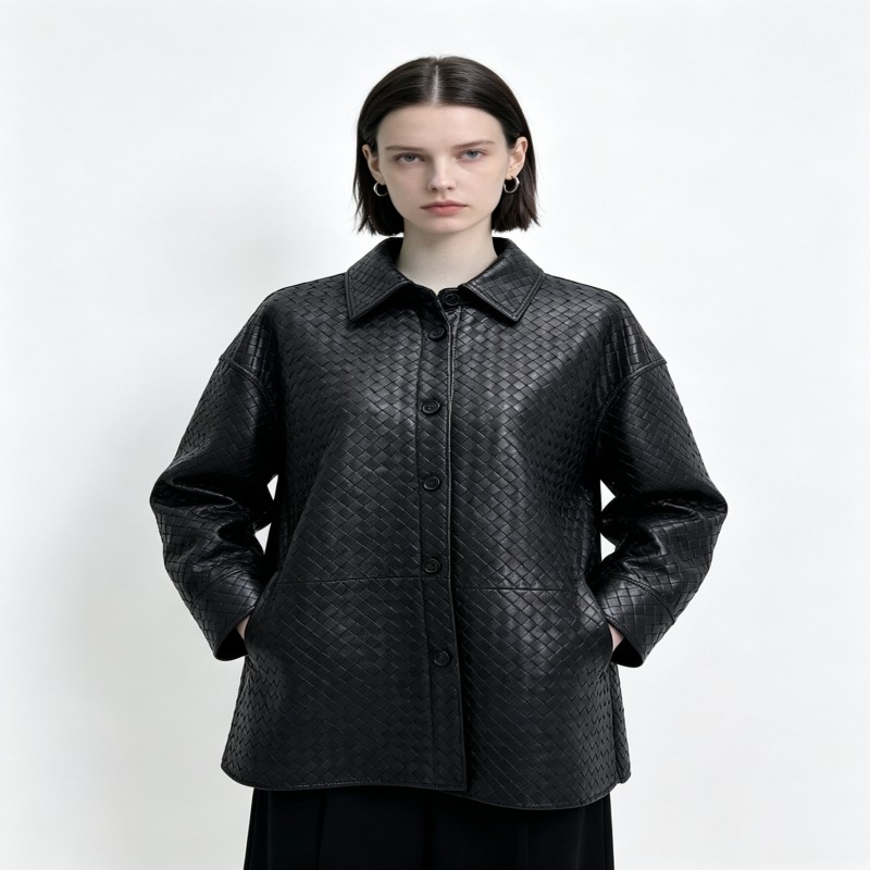 New Style Black Woven Leather Jacket Women Shirt Collar Mid Length Coat with Side Split Single Button Autumn for Outdoor