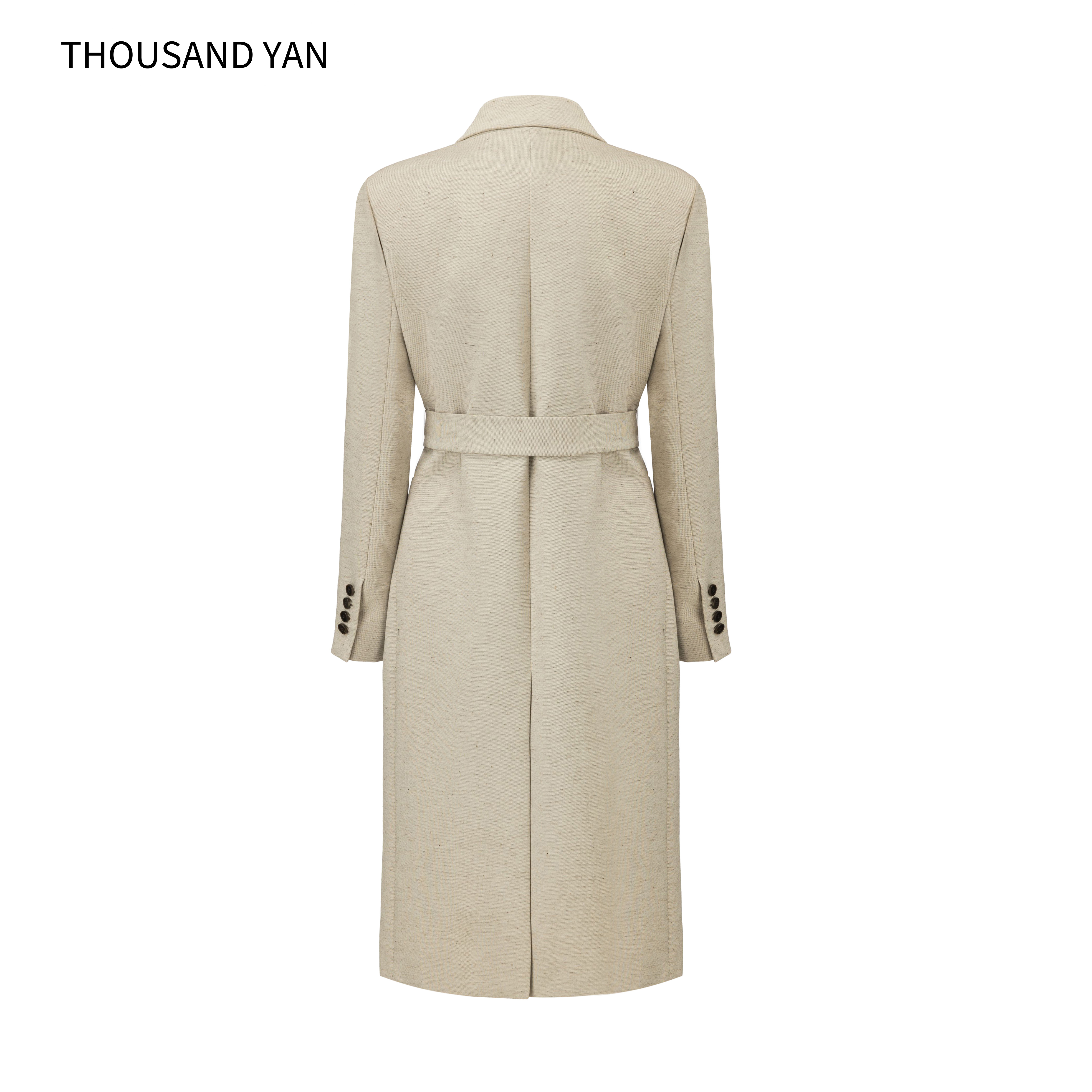 Women's Elegant Long Belted Blazer Coat Polyester Cotton Linen Blend Double Breasted Trench Jacket Office Wear Oatmeal