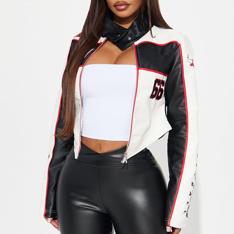 High Quality Custom Women's Motorcycle Racing Jacket Cropped Leather with Stand Collar and Embroidered Letter Leather Jacket