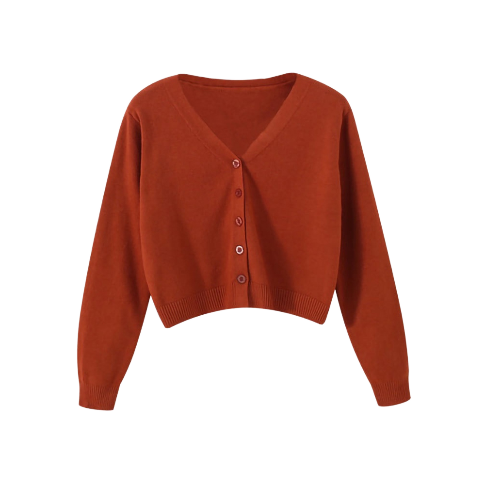 Women's Casual High Waist Long Sleeve Knitted Cardigan Autumn V-Neck Outer Wear with Front Logo Button Short Length Design