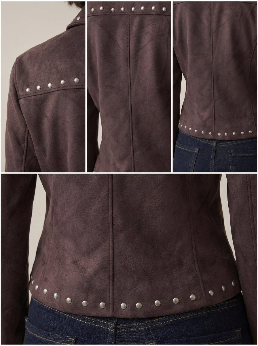 Women Brown Suede Leather Studded Jacket Zip Front Turn Down Collar Slim Fit Moto Biker Outerwear