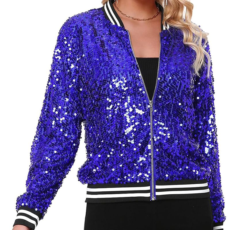 Women's Sequin Embroidered Long Sleeve Bomber Jacket With Cotton Fill Front Zip and Ribbed Cuffs for Party Dance Coats