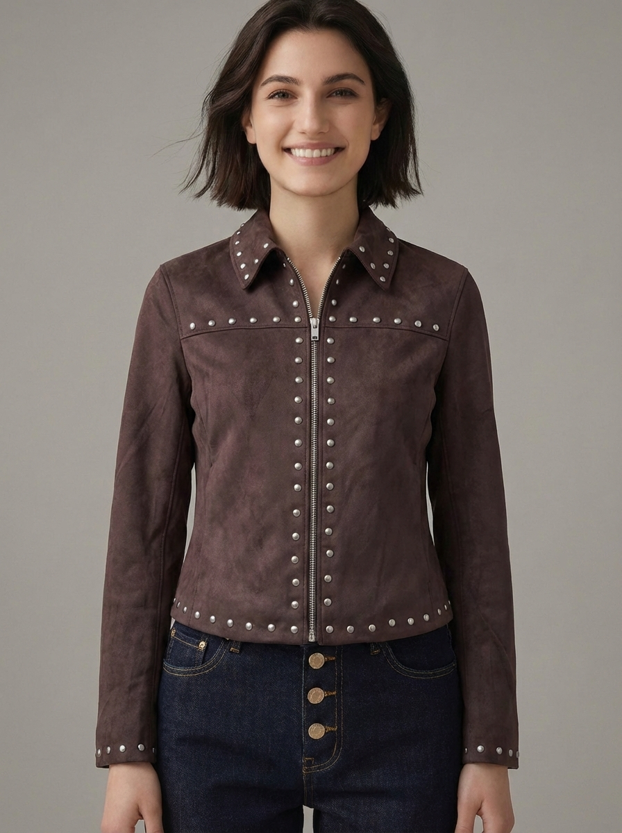 Women Brown Suede Leather Studded Jacket Zip Front Turn Down Collar Slim Fit Moto Biker Outerwear