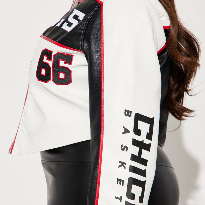 High Quality Custom Women's Motorcycle Racing Jacket Cropped Leather with Stand Collar and Embroidered Letter Leather Jacket