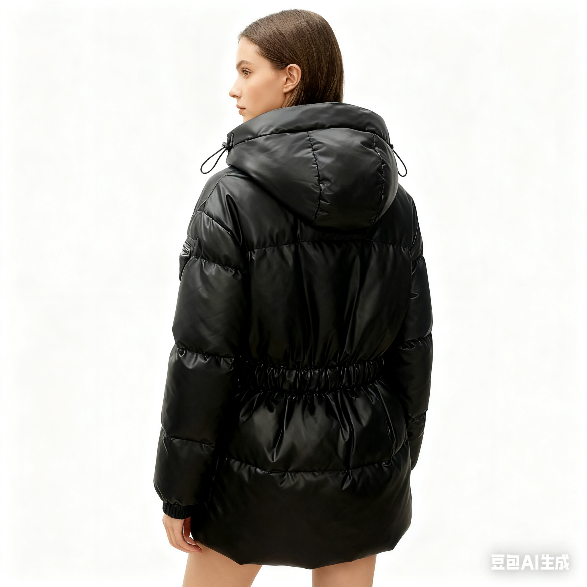 Women's Faux Leather Down Jacket - Shiny Puffer Coat with Hood & Waist Drawstring