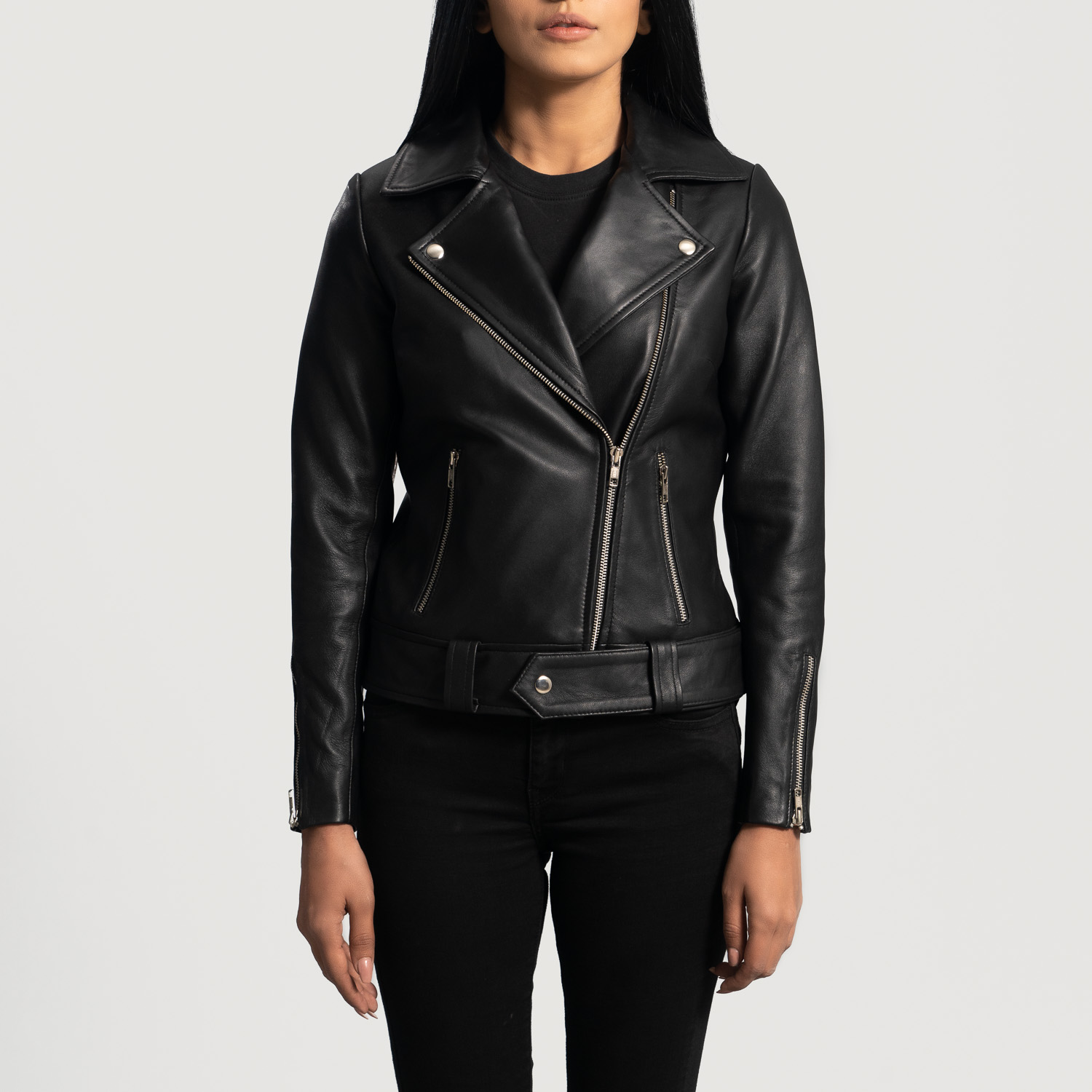 OEM Genuine Leather Women's Jackets High Quality Black Biker Wholesale Bomber Jackets Custom Logo Colors Zipper Closure