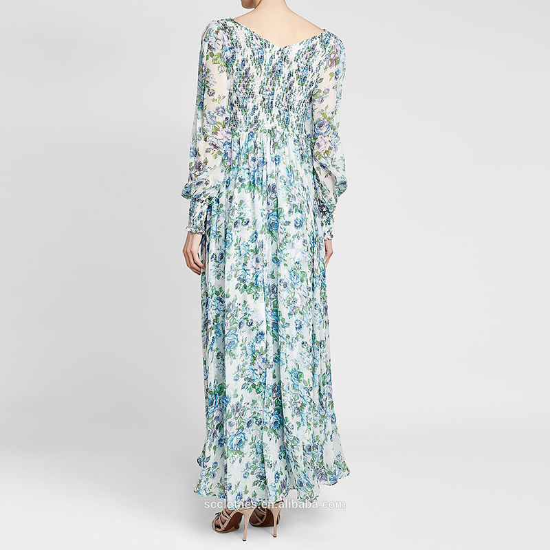 New Design Lady Maxi Dresses Long Sleeve Floral Print Women Dress