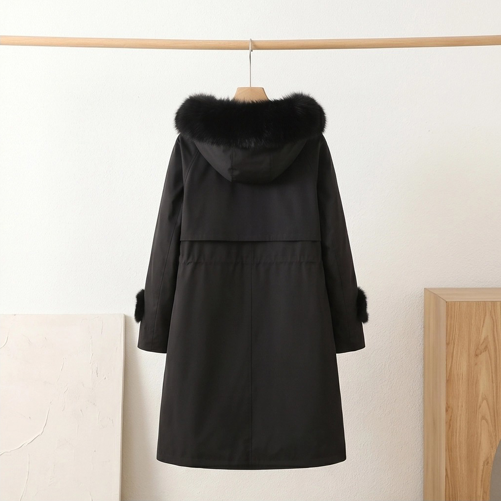 Women's Fox Fur Collar Parka with Mink Fur Lining Mid-Length Drawstring Waist Winter Coat OEM ODM