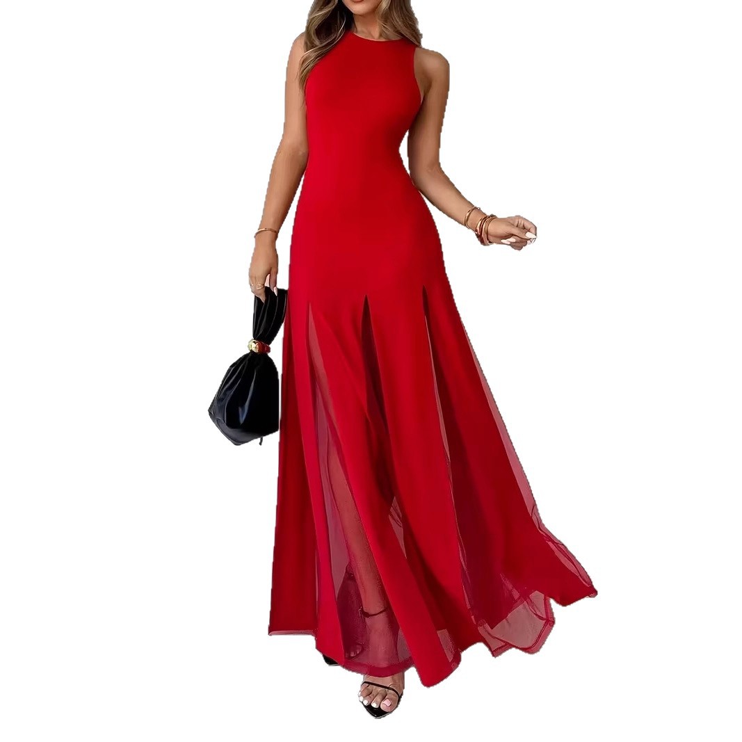 Women's Maxi A-Line Chiffon Elegant Summer Beach Sleeveless Dress with Slit Hem and Diamond Decoration Quick Dry
