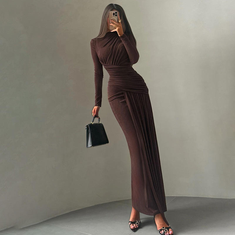 Autumn New Women's Solid Color Pleated Maxi Dress with Vintage Style Neck Ruched Decoration Material Anti-Static Feature