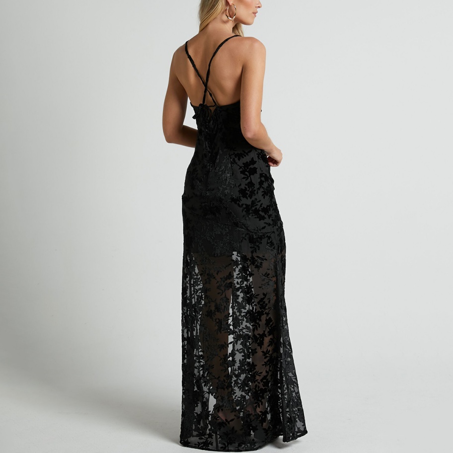 Halter Backless Y2K Ruched Woven Washable Ladies Evening Dress Thigh Split Translucent Casual Dresses with Zippers Natural Waist