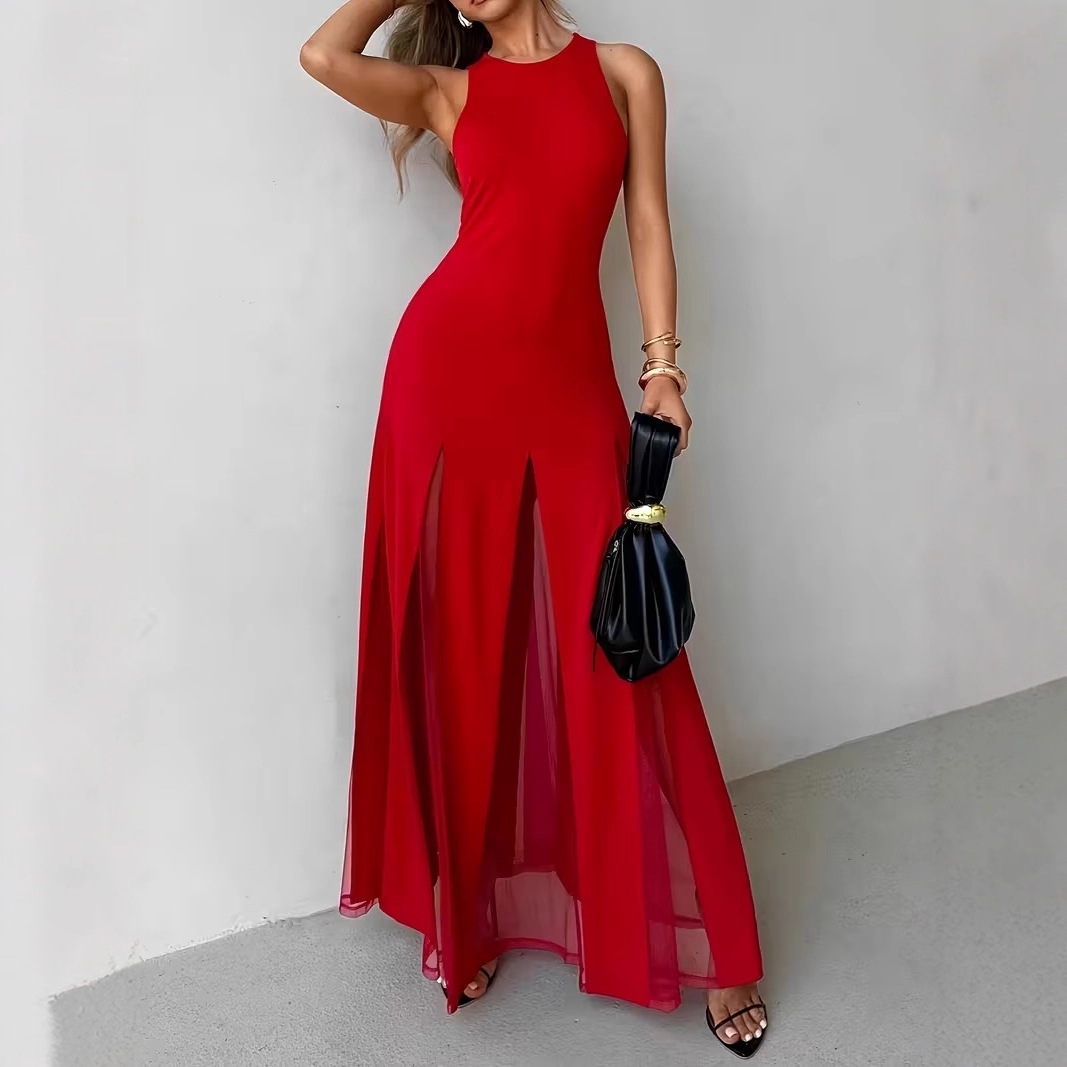 Women's Maxi A-Line Chiffon Elegant Summer Beach Sleeveless Dress with Slit Hem and Diamond Decoration Quick Dry