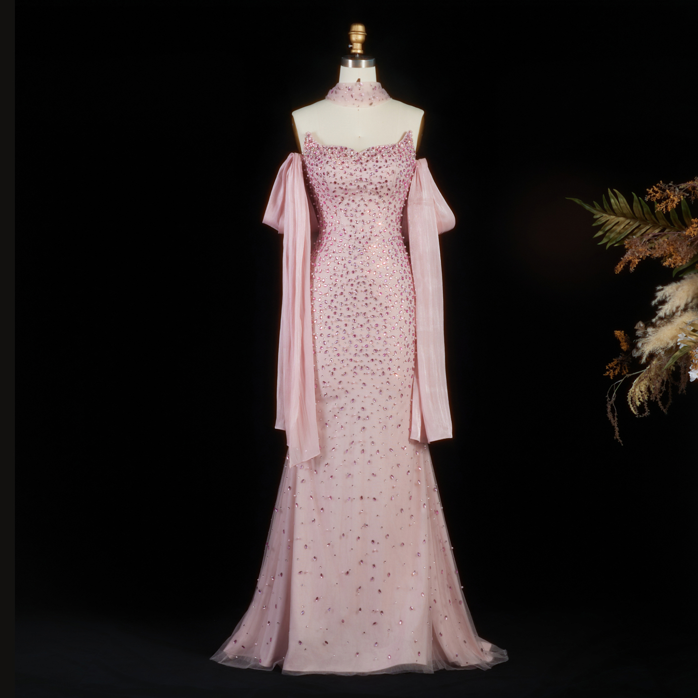 Sharon Said SS382 Pink Mermaid Prom Dress Shawl Cape Crystal Beaded Strapless Women Formal Occasion Party Gowns Wedding Dress