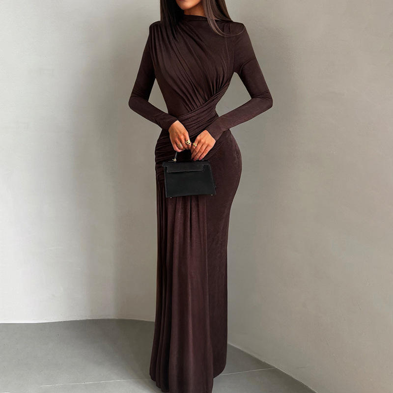 Autumn New Women's Solid Color Pleated Maxi Dress with Vintage Style Neck Ruched Decoration Material Anti-Static Feature