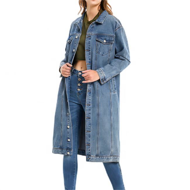 Hot Sale Ready Ship New Fashion Denim Cotton/Spandex Light Blue Buttoned Windproof Breathable Long Jacket Ladies Jeans Jacket