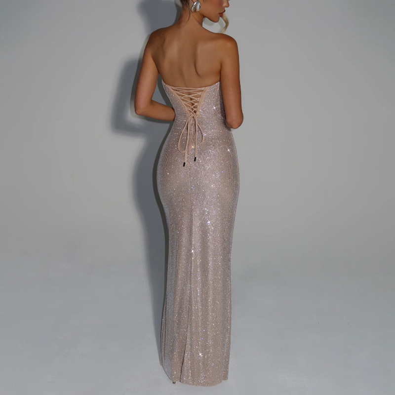 ZYHT 73320 Diamond Sexy Club Dress Sleeveless Floor-Length Maxi Evening Party Dress with Rhinestone Beading Back Strap