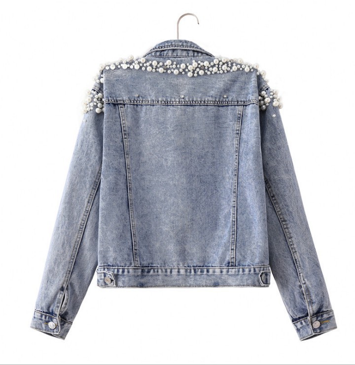 2021 Hot Sale Ladies Denim Jacket Beaded Pearl Loose Thin Autumn and Winter Short Denim Jacket