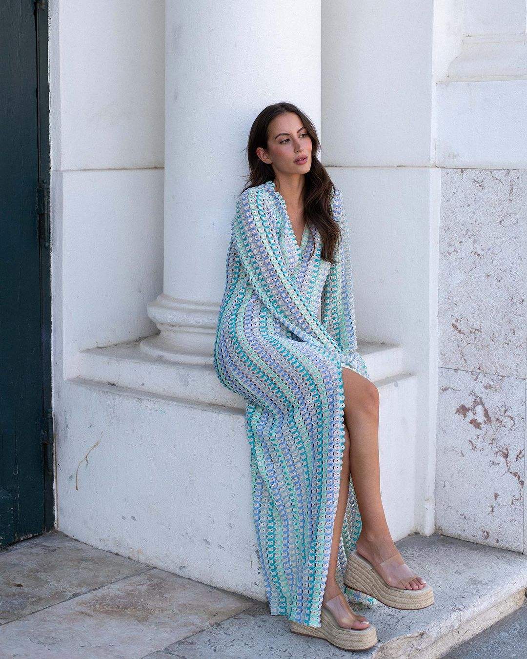 Elegant Sexy Women's Woolen Knit Maxi Dress with Split Flare Sleeves Deep-V Neck Robes for Club Party Vacation Natural Waistline