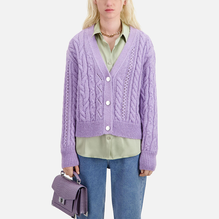 Hot Sale 100% Cashmere Pointelle Fabric Cable Knitting Womens Button Closure Cardigan for Ladies Knitwear