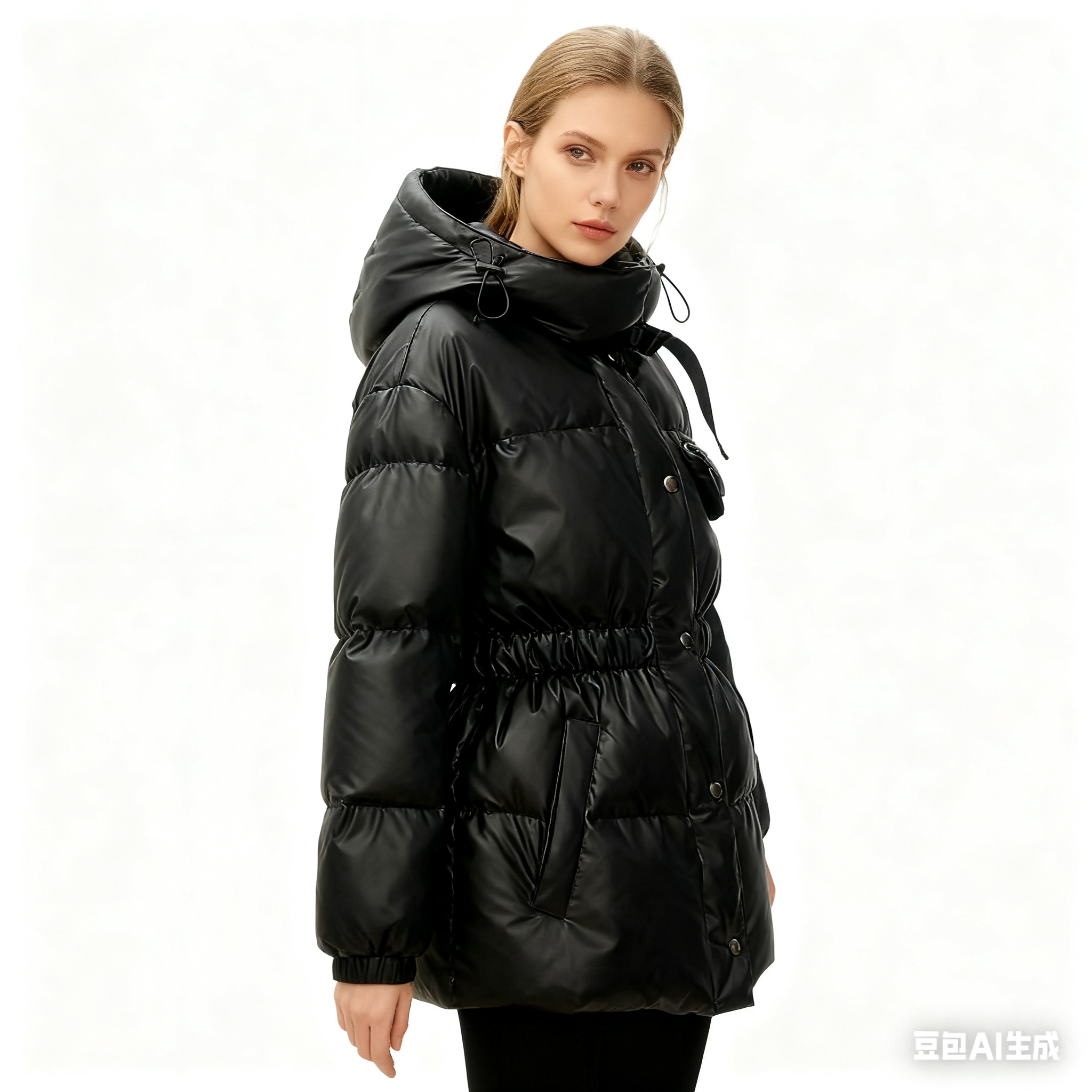 Women's Faux Leather Down Jacket - Shiny Puffer Coat with Hood &amp; Waist Drawstring
