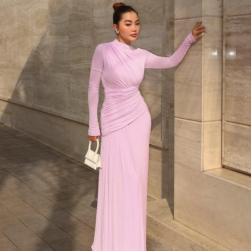 Autumn New Women's Solid Color Pleated Maxi Dress with Vintage Style Neck Ruched Decoration Material Anti-Static Feature