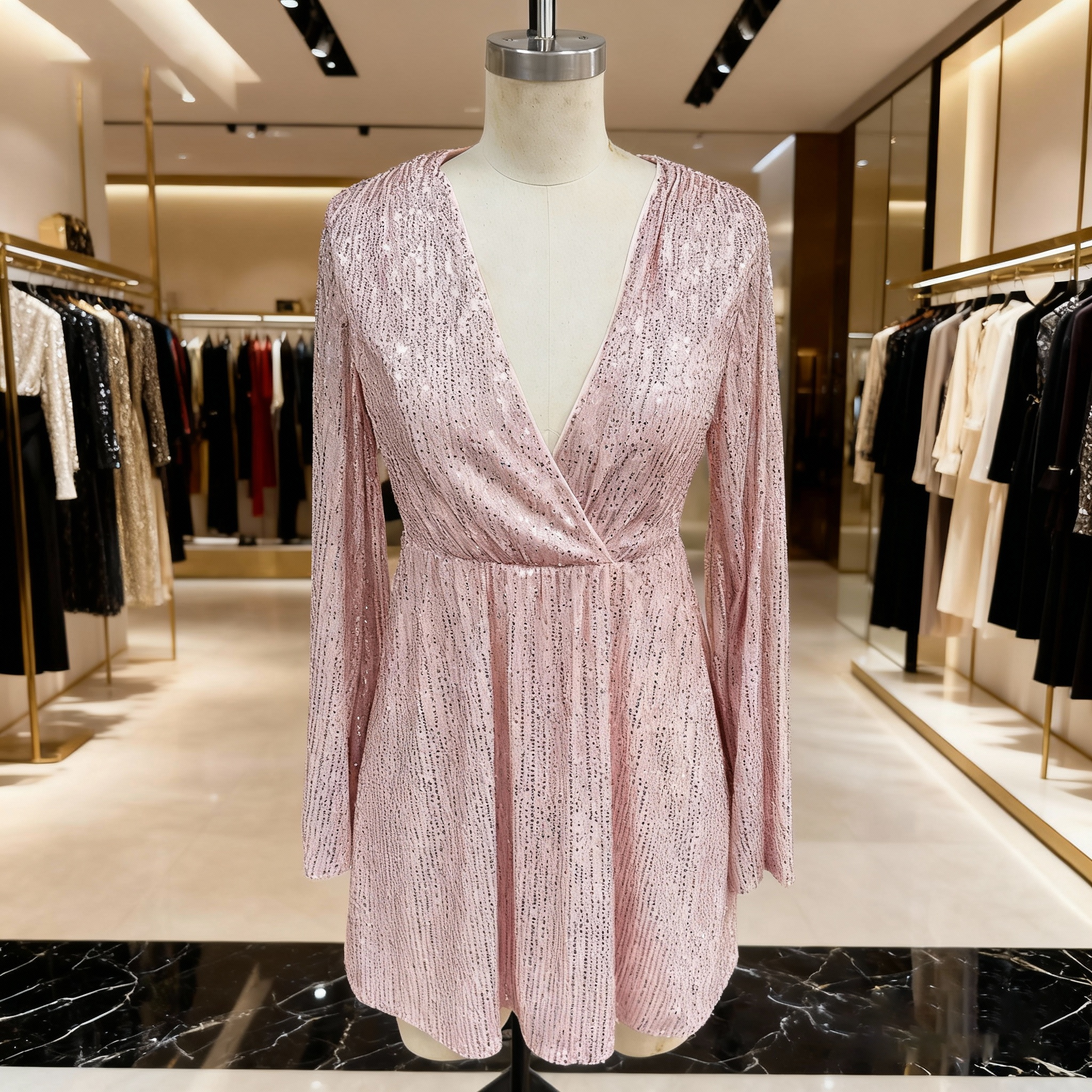 High Quality Custom Women Deep V Neck Ruffle Long Sleeve Mini Bling Sequin Sexy Party Wear Gown Formal Evening Dress for Ladies