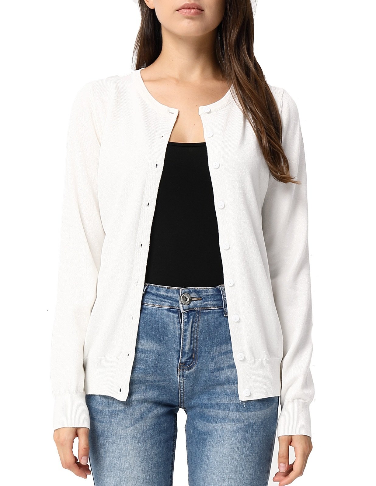 Simple Style Long Sleeve Button Down Crew Neck Classic Sweater Knit Cardigan