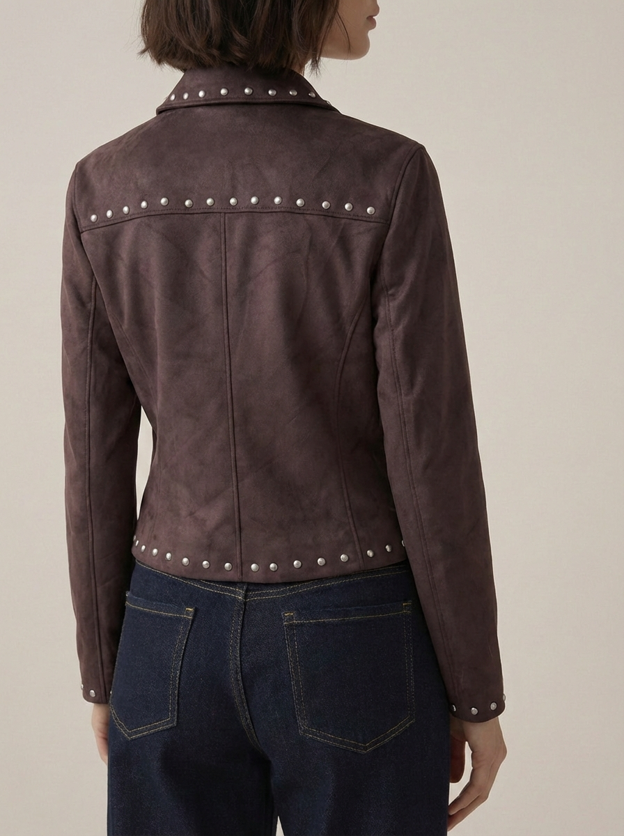 Women Brown Suede Leather Studded Jacket Zip Front Turn Down Collar Slim Fit Moto Biker Outerwear
