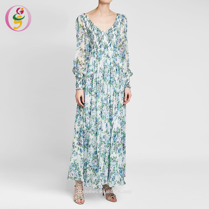 New Design Lady Maxi Dresses Long Sleeve Floral Print Women Dress