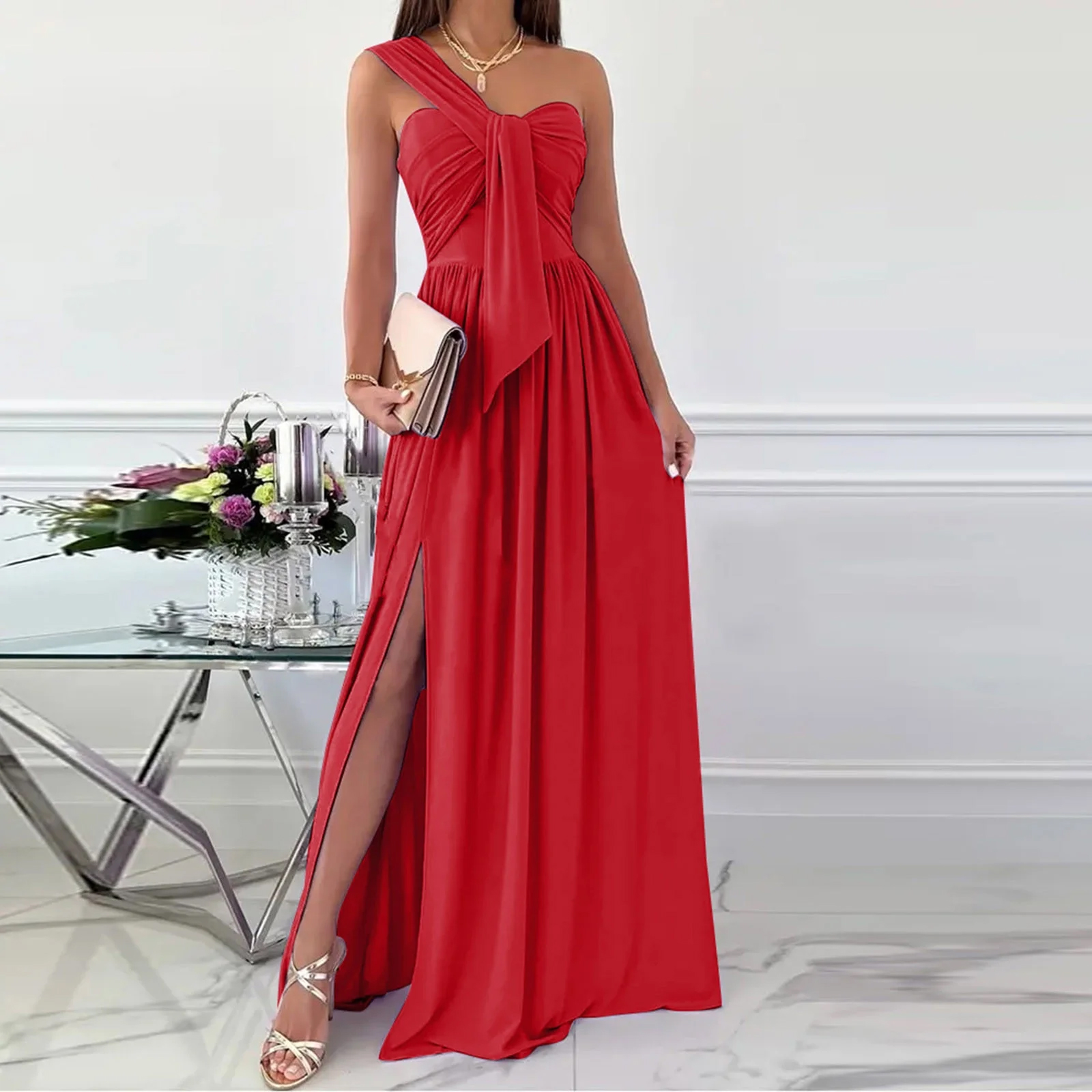 Best Sale Women's Long Evening Maxi Dress Formal Champagne Sequin Embroidery Natural Satin Elegant Party Wear Stylish Look