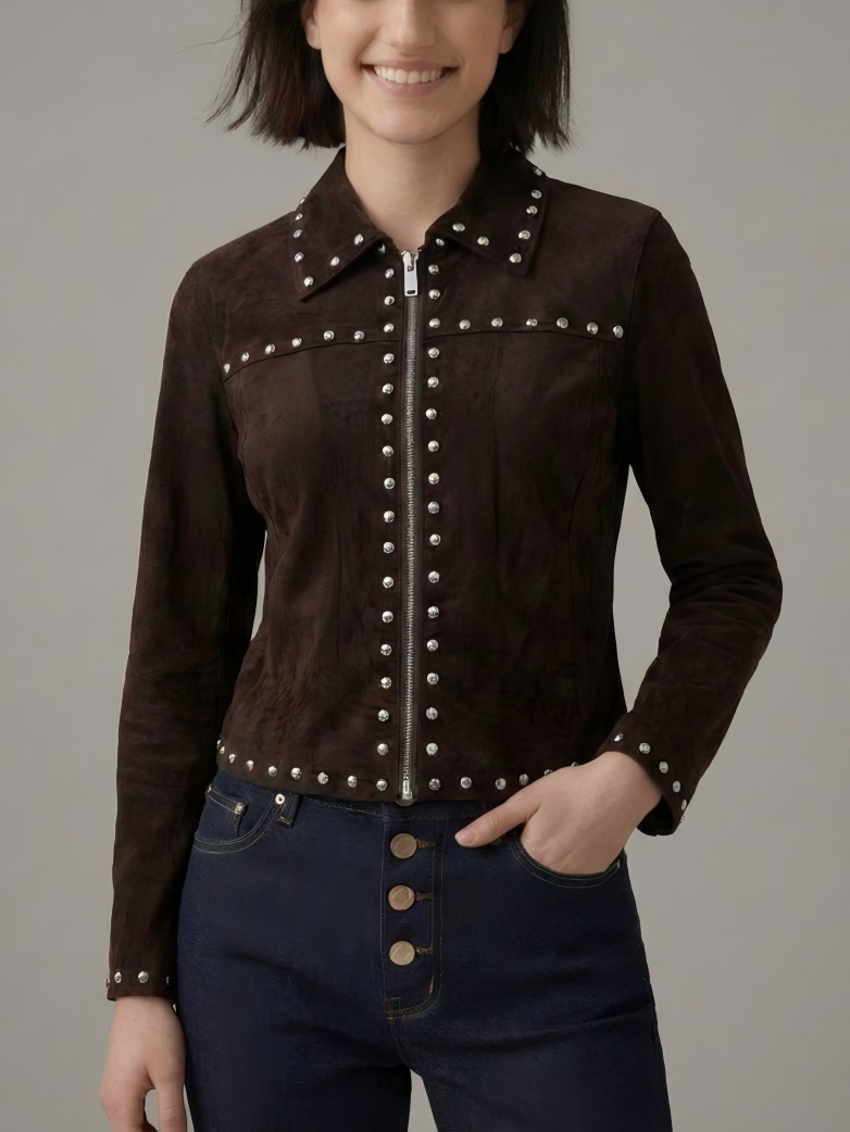 Women Brown Suede Leather Studded Jacket Zip Front Turn Down Collar Slim Fit Moto Biker Outerwear