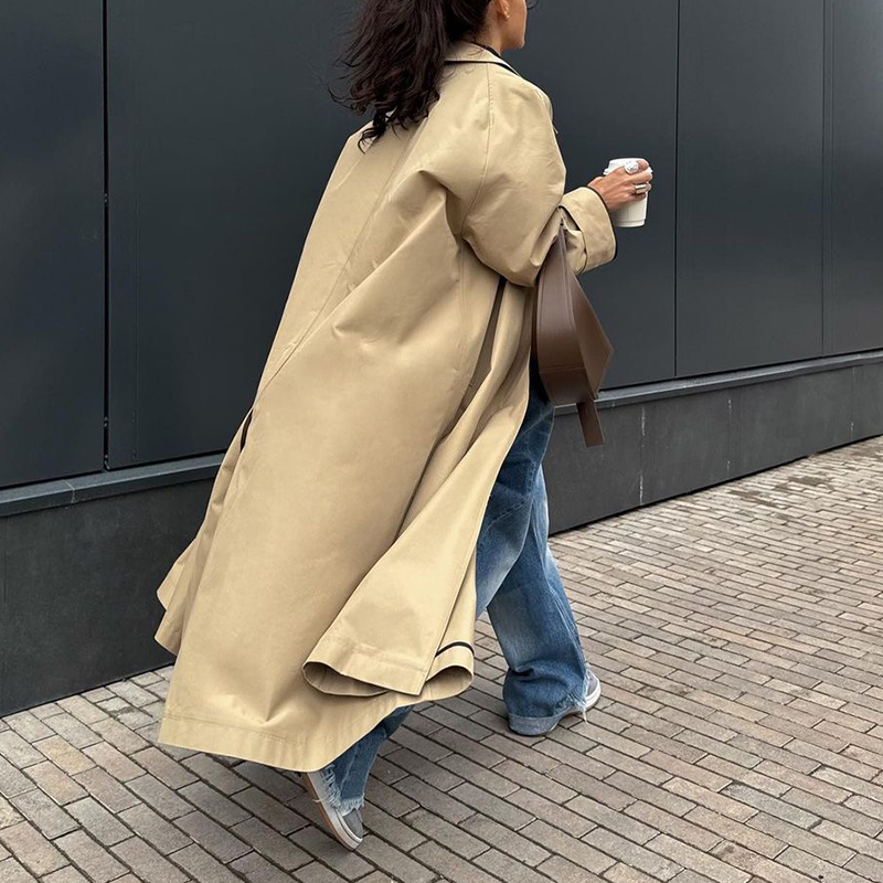 Enyami Wholesale Custom Medium Khaki Lapel Buttons Long Sleeves High Quality Casual Trench Coat Women Overcoat With Pocket