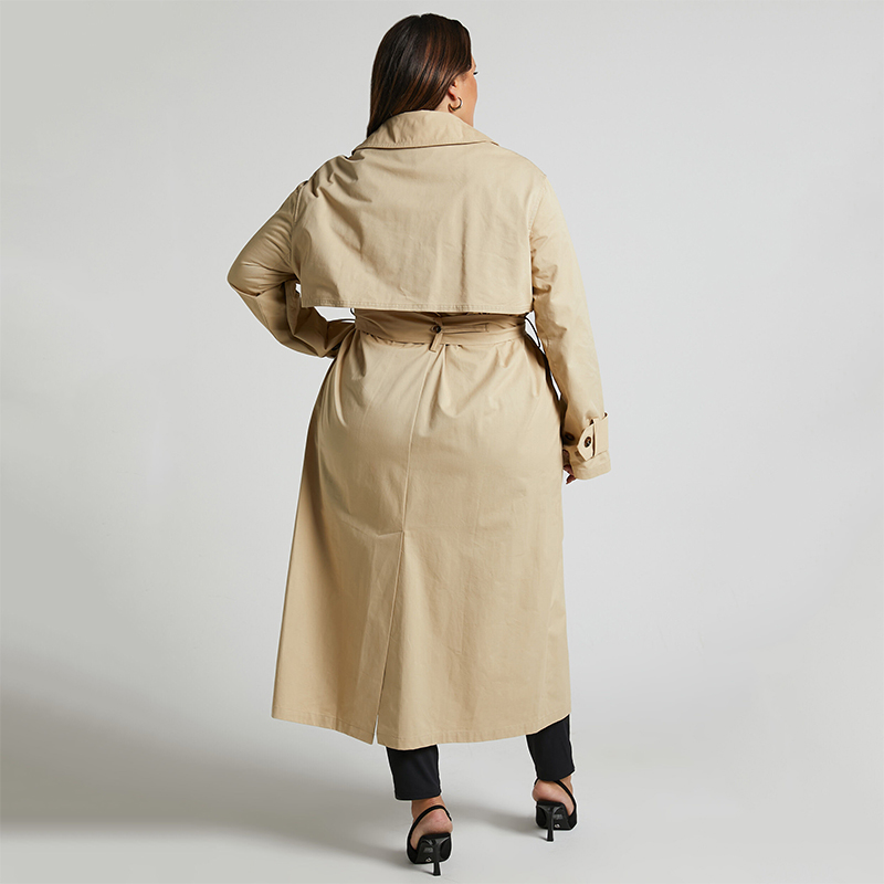 Custom Turn-Down Collar Double Breasted Tie Waist Coat Wholesale Women's Khaki Trench Coat