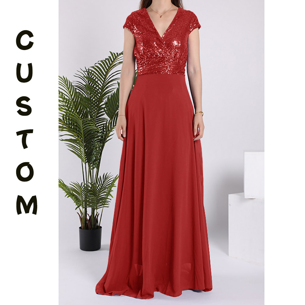 Custom Women Maxi Dress Sequin Party Dress V-neck Fashion Elegant Gown Long Evening Dresses