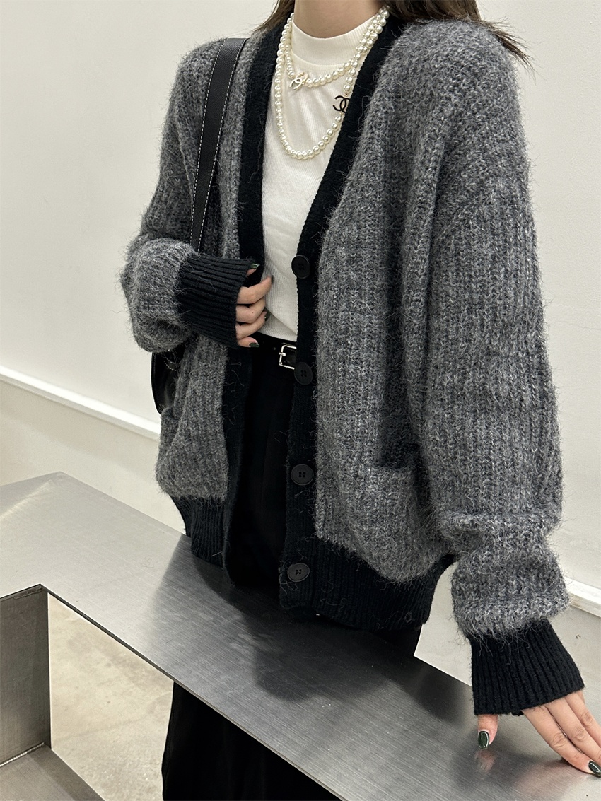 Women's Casual Wool Button Thick Knitted Cardigan Sweater V-Neck Autumn Solid Color Breathable Korean Version Coat Small Pocket