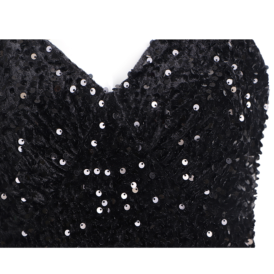 Hot Sale Solid Color Sequin Trumpet Prom Dresses Polyester Elegant Women Dress Sleeveless Black V-neck Evening Dresses