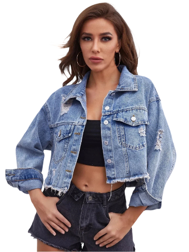 YUANBOFEI Women's Cropped Denim Jacket Baggy Fit Coat Ripped Distressed Frayed Hem Casual Streetwear Loose Jean Coat