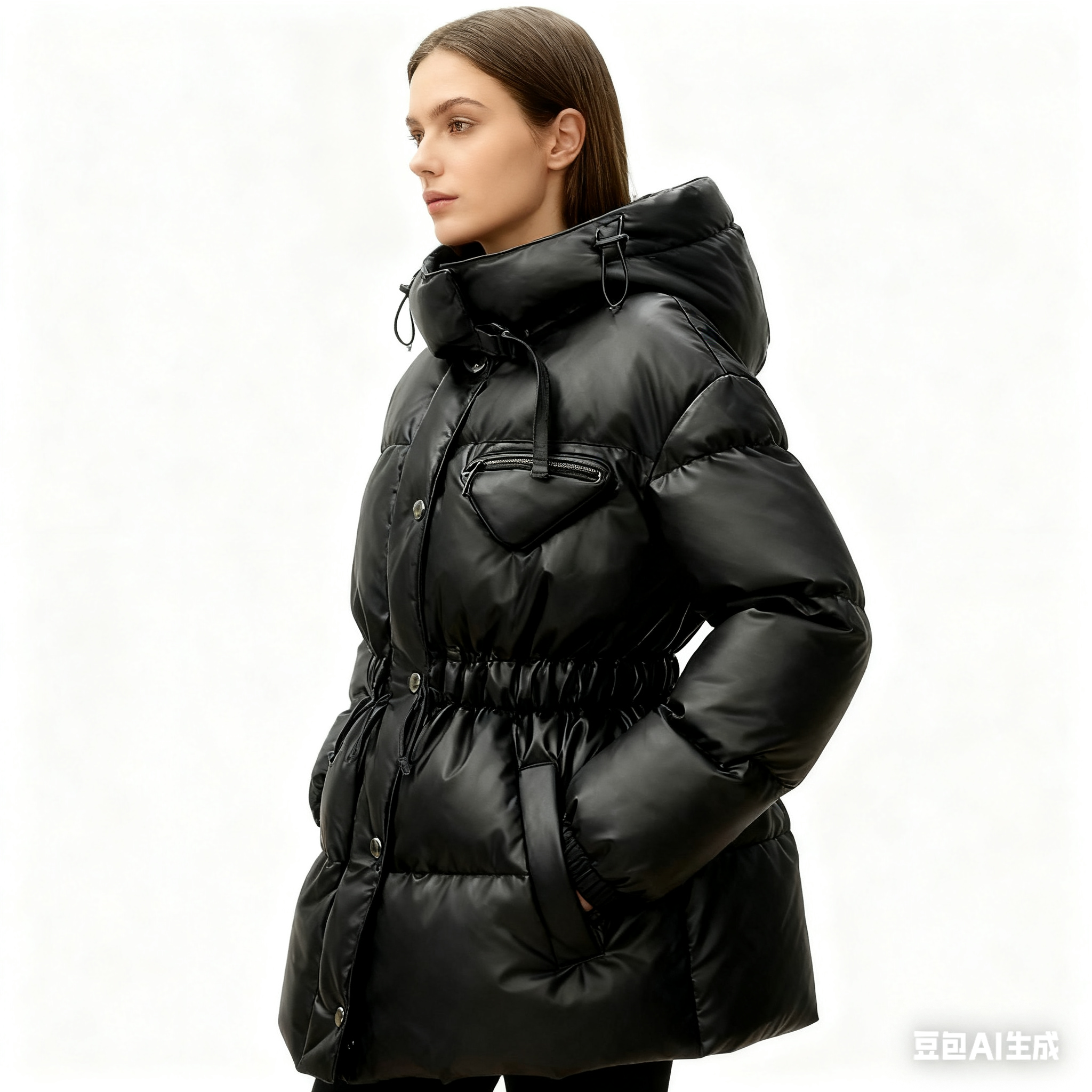 Women's Faux Leather Down Jacket - Shiny Puffer Coat with Hood &amp; Waist Drawstring