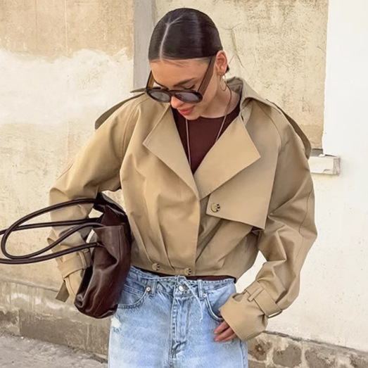 Suit Button Collar Double Breasted Casual Cargo Trench Streetwear Coat 2025 Autumn Women's Fashion Solid Short Jacket Cool Silk