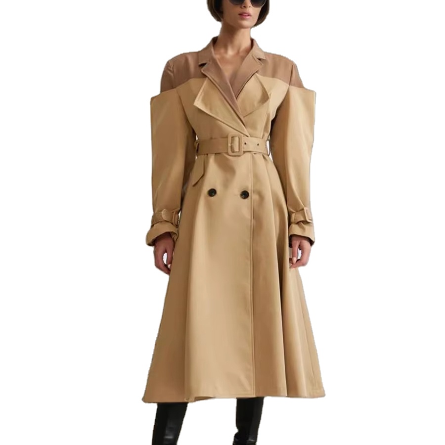 2025 Fall Winter New Trench Coat Fashion Design Contrast Panel Women Classic Midi Length Elegant Casual Coat With Belt