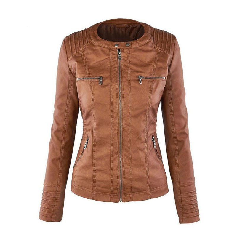 Fashion Style Trendy Bomber Leather Jacket Women Brown Leather Cropped Jacket